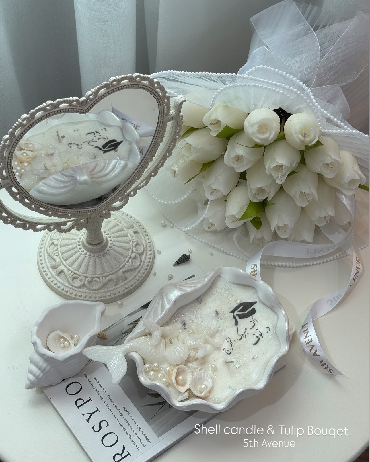 Shell candle & tulip Bouqet elegant gift set